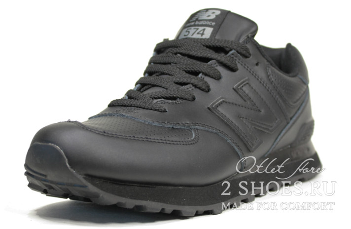 Кроссовки New Balance 574 Black Leather Perforation  черные, кожаные, фото 1
