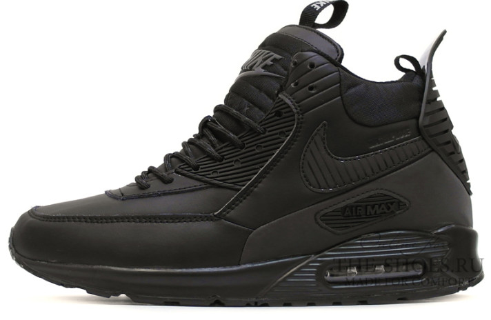 Кроссовки Nike Air Max 90 Sneakerboot Black Leather  черные, кожаные