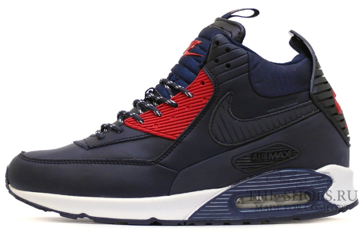 Кроссовки Nike Air Max 90 Sneakerboot Blue Red Leather  темно-синие, кожаные