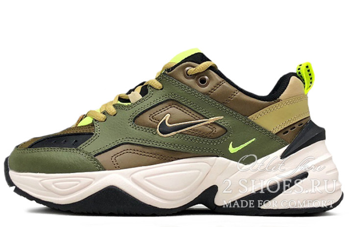 Кроссовки Nike M2K Tekno Medium Olive Black Yukon Brown  зеленые, кожаные