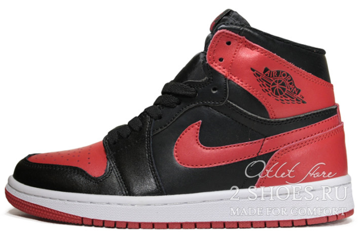 Кроссовки Nike Air Jordan 1 High Bred Banned Black Red 555088-001 черные, красные, кожаные