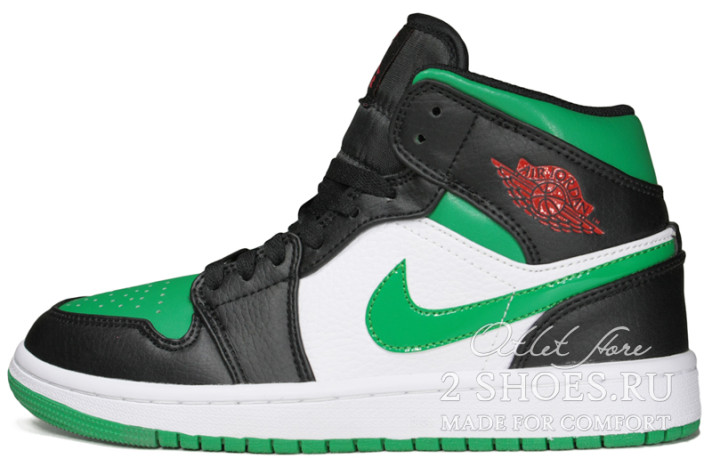 Кроссовки Nike Air Jordan 1 Mid Pine Green Toe 554724-067 черные, зеленые, кожаные, фото 1