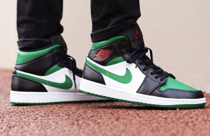 Кроссовки Nike Air Jordan 1 Mid Pine Green Toe 554724-067 черные, зеленые, кожаные, фото 5