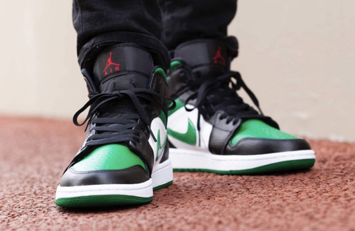 Кроссовки Nike Air Jordan 1 Mid Pine Green Toe 554724-067 черные, зеленые, кожаные, фото 6