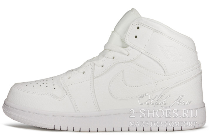 Кроссовки Nike Air Jordan 1 Mid Triple White 554724-130 белые, кожаные