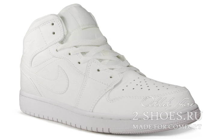 Кроссовки Nike Air Jordan 1 Mid Triple White 554724-130 белые, кожаные, фото 1