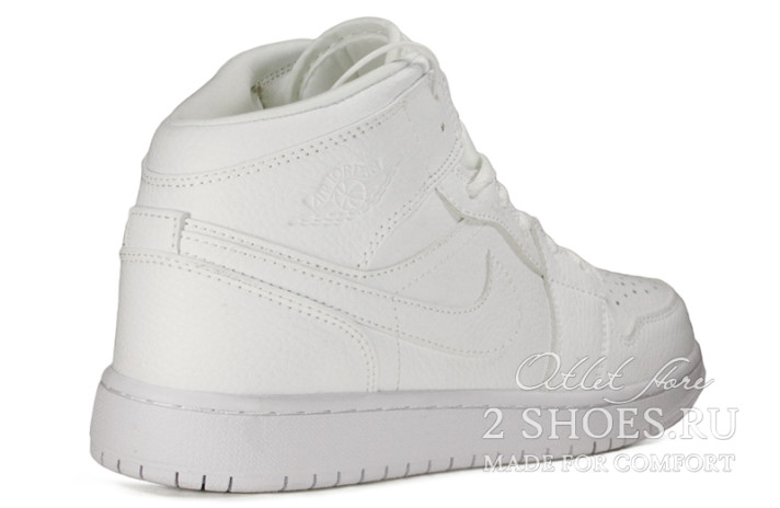 Кроссовки Nike Air Jordan 1 Mid Triple White 554724-130 белые, кожаные, фото 2
