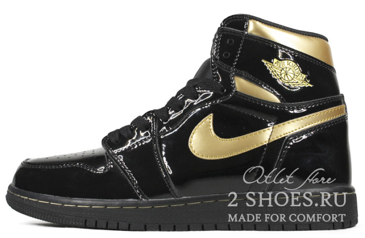 Кроссовки Nike Air Jordan 1 High Black Metallic Gold 555088-032 черные, кожаные, фото 1