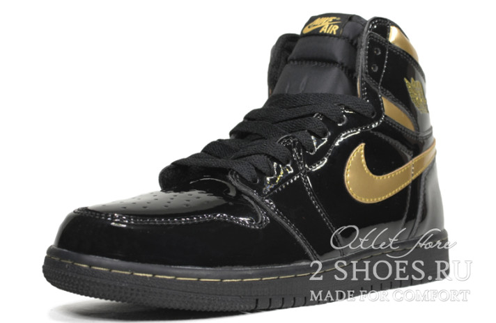 Кроссовки Nike Air Jordan 1 High Black Metallic Gold 555088-032 черные, кожаные, фото 1