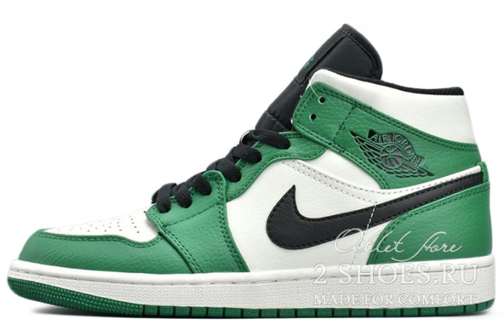 Кроссовки Nike Air Jordan 1 Mid Celtics Pine Green 852542-301 зеленые, кожаные, фото 1