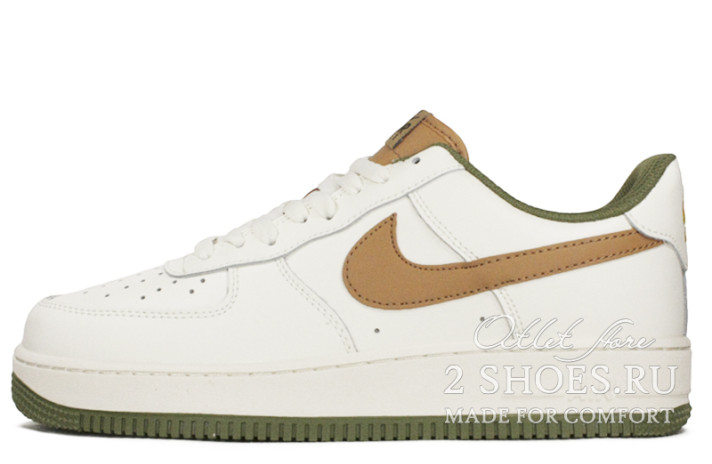 Кроссовки Nike Air Force 1 Low White Brown Green  белые, кожаные