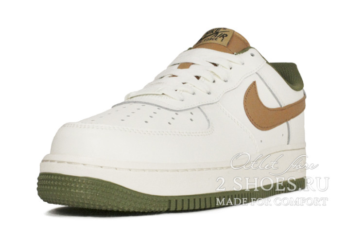 Кроссовки Nike Air Force 1 Low White Brown Green  белые, кожаные, фото 1