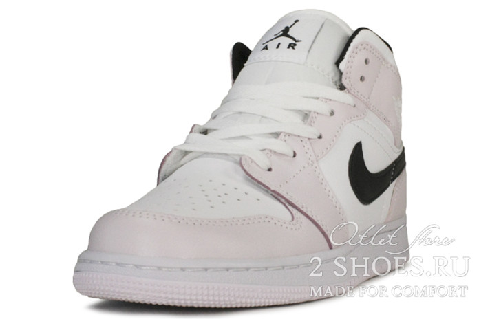 Кроссовки Nike Air Jordan 1 Mid Light Pink White Black  белые, розовые, кожаные, фото 1