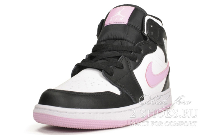 Кроссовки Nike Air Jordan 1 Mid White Black Light Arctic Pink 555112-103 белые, черные, кожаные, фото 1