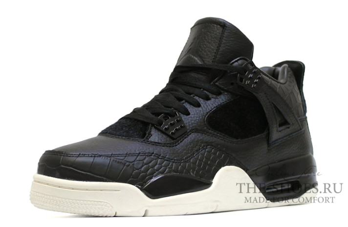 Кроссовки Nike Air Jordan 4 (IV) Black Premium Sail 819139-010 черные, кожаные, фото 1